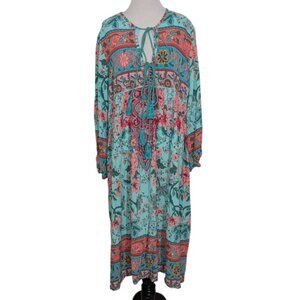 R Vivimos Mixed Floral Midi Dress Womens Size 2XL Blue Tassels Boho V Neck